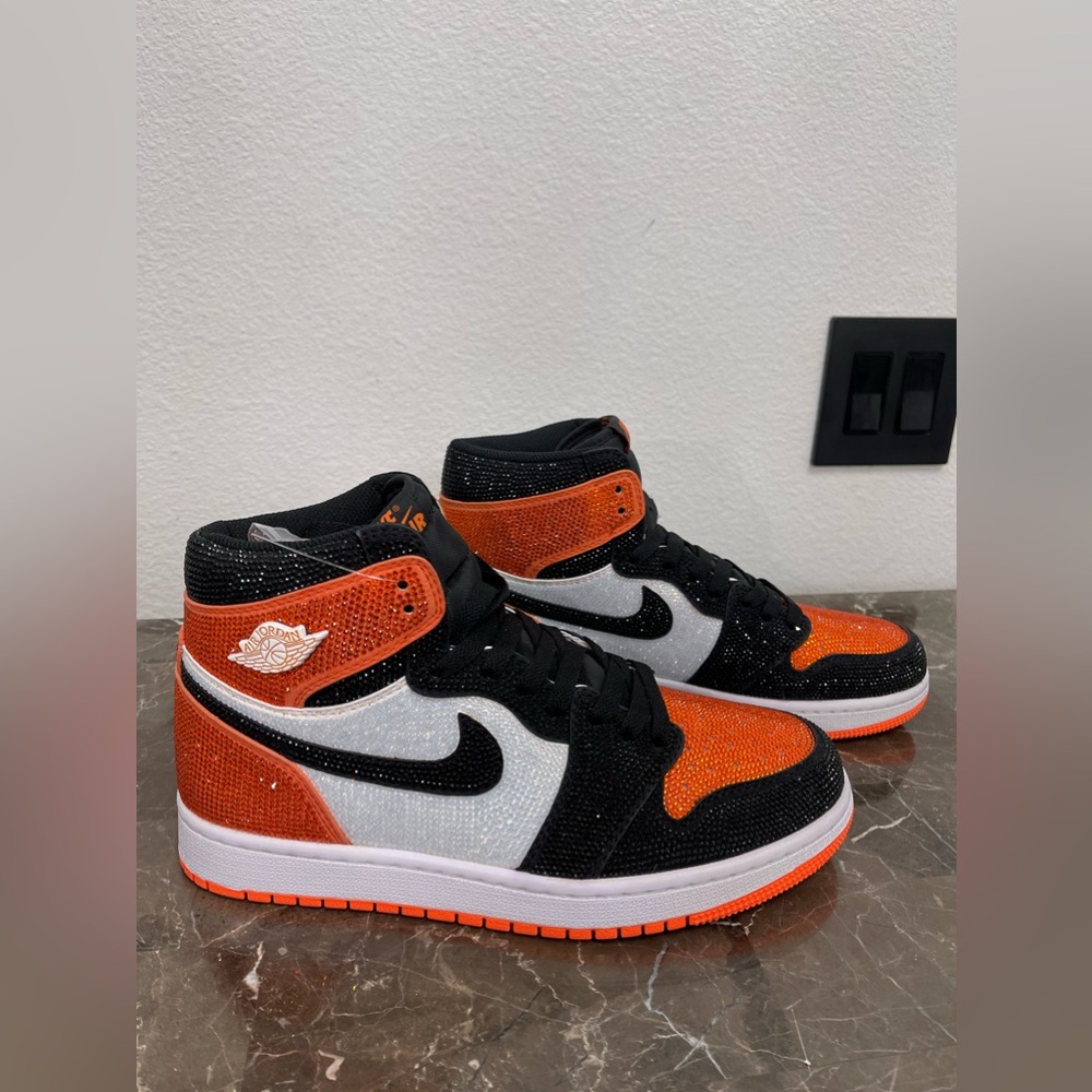 Custom Black, Orange & White Rhinstone Nike Air Jordan Sneakers, Men's 8/ Womens